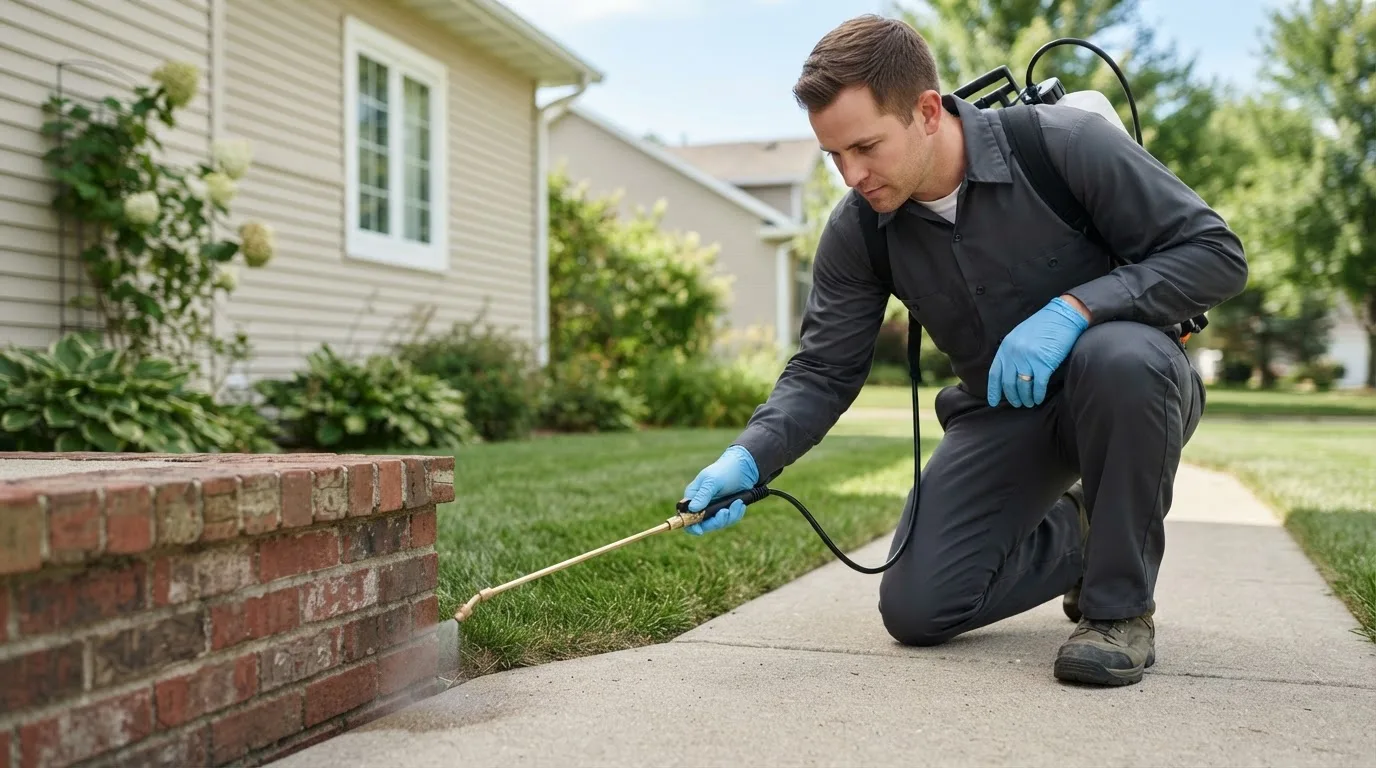 Pest control technician treating a home near Fessenden, ND
